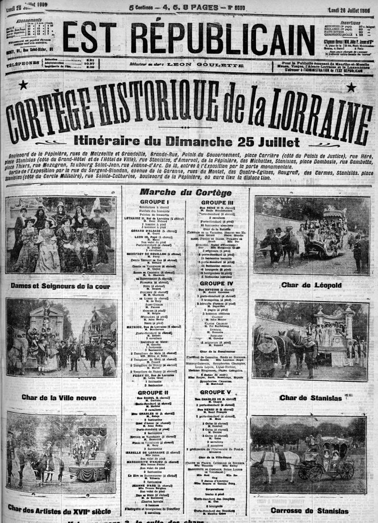Cortège historique 1909 - La première page de l'Est républicain du 25 juillet